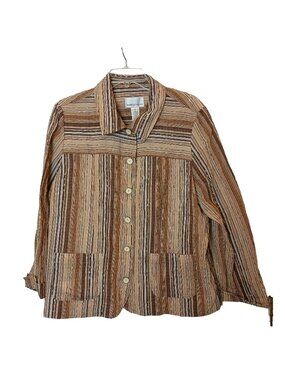 Drapers & Damons Womens XL Shirt Jacket Brown Striped Button Pockets Vintage I-8